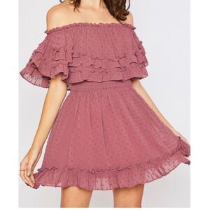 NWT Mauve Ruffle Hem Off The Shoulder Swiss Dot Dress Sz Medium Boho